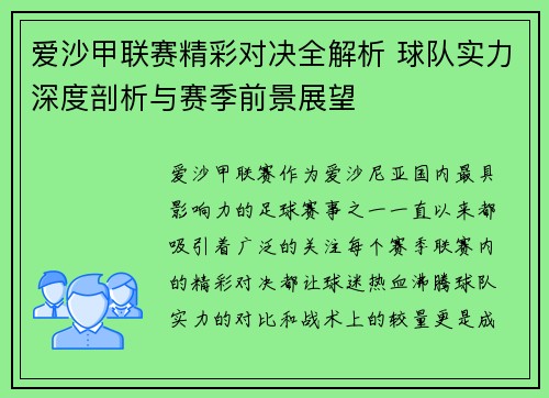爱沙甲联赛精彩对决全解析 球队实力深度剖析与赛季前景展望